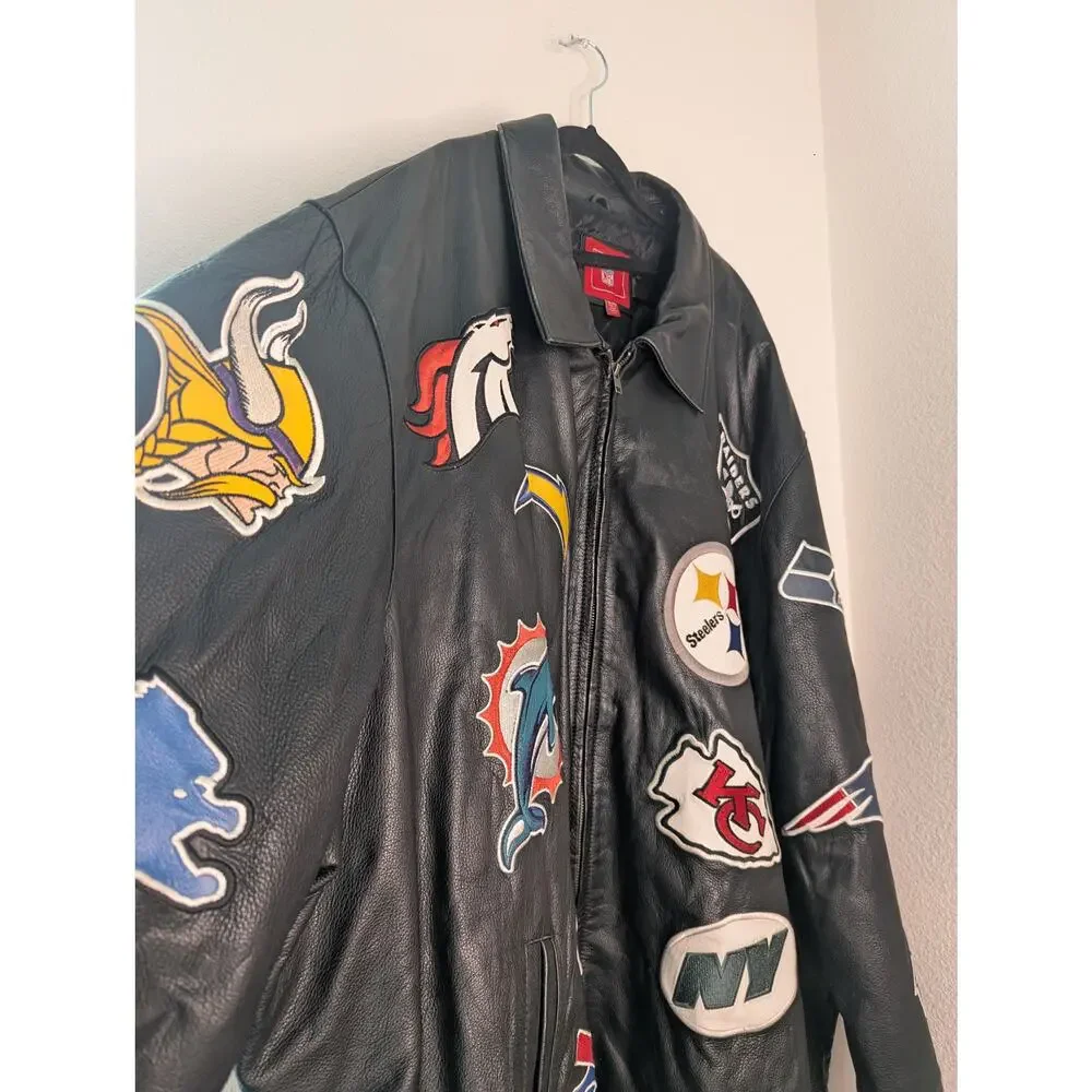 Jeff Hamilton NFL Patch Leather Bomber Jacket 6XL Rare Collector's Sports Moto - Picture 3 of 5